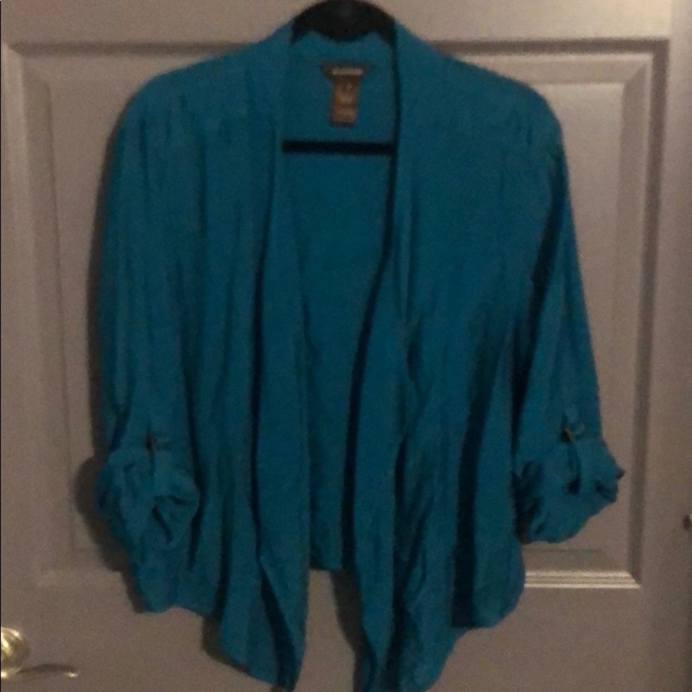 Dark aqua cardigan top.